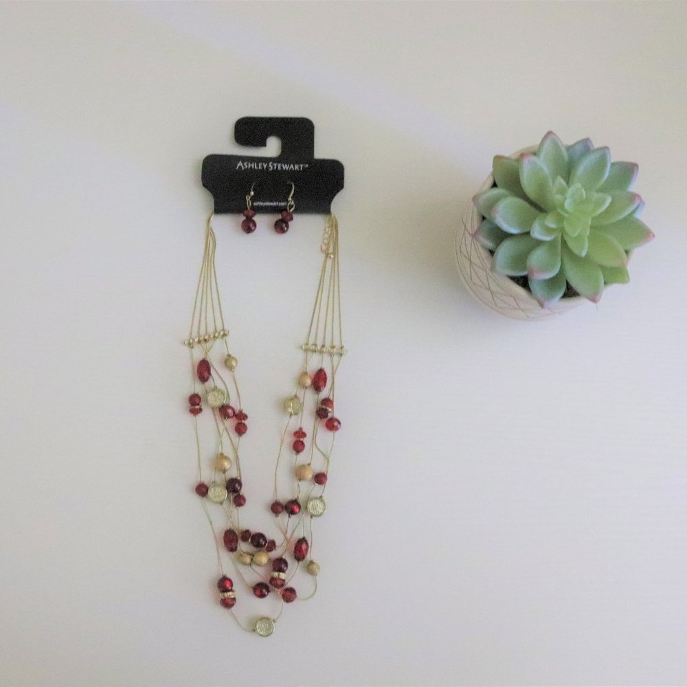 Brand New! Gold and Burgundy Beaded Necklace Set